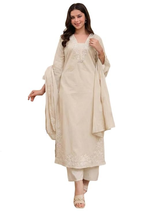 ANNI Designer Pure Cotton Embroidered Kurta Set for Women | Rust Orange Kurta with Pants & Dupatta | Floral Neck & Hem Embroidery