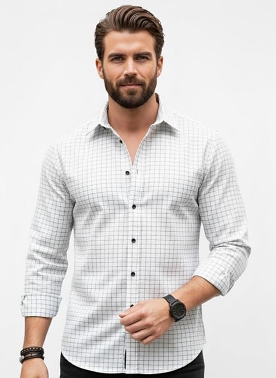 Amazon Brand - INKAST Men's Regular Fit Button Down Dress Shirts Textured Long Sleeve Casual Hawaiian Shirt