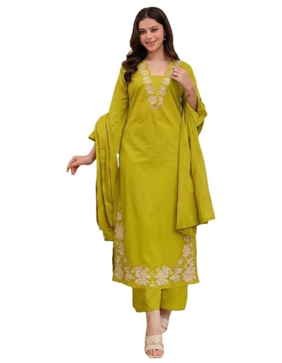ANNI Designer Pure Cotton Embroidered Kurta Set for Women | Rust Orange Kurta with Pants & Dupatta | Floral Neck & Hem Embroidery
