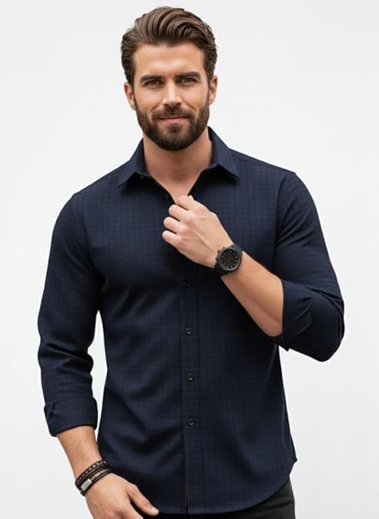 Amazon Brand - INKAST Men's Regular Fit Button Down Dress Shirts Textured Long Sleeve Casual Hawaiian Shirt
