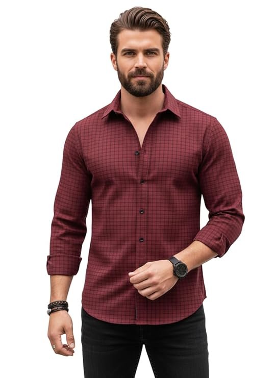 Amazon Brand - INKAST Men's Regular Fit Button Down Dress Shirts Textured Long Sleeve Casual Hawaiian Shirt