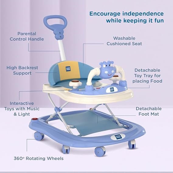 Mee Mee 360° Baby Activity Walker | 3 Level Adjustable Height, Foot Mat, Musical Detachable Toy Bar | Parental