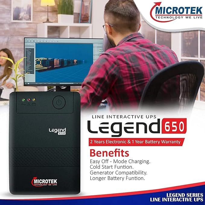 Microtek Legend 650 Line Interactive UPS 650VA/360W, Micro Processor Based UPS System, an Ideal Power Backup & Protection for Desktop PC & Home Office with 2 Years on Electronics and 1 year on Battery