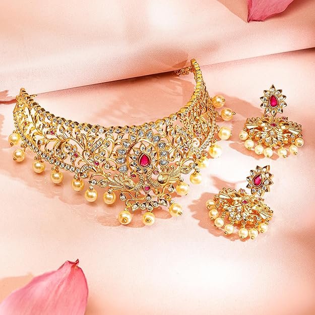 Rubans Choker Necklace Set Gold Plated Cubic Zirconia Studded Handcrafted Jewellery Gift for Women & Girls